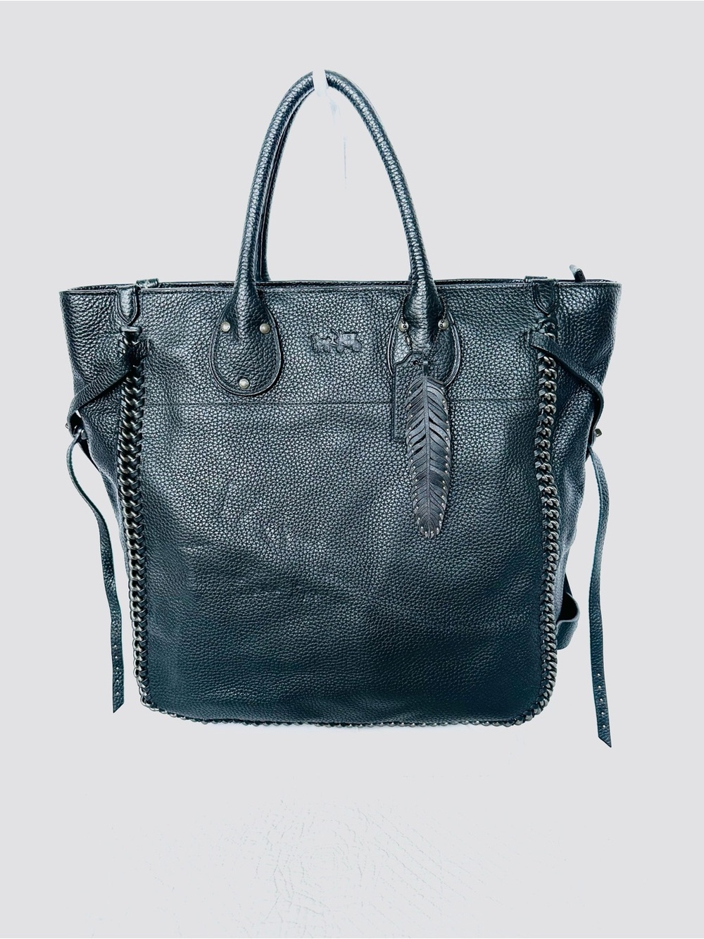 Coach Black Leather Tote with Feather Charm and Chain Trim
